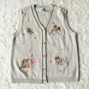 VTG TABI Woman Beige Cotton Dog Floral Button Front Knit Vest Sweater LARGE Boho